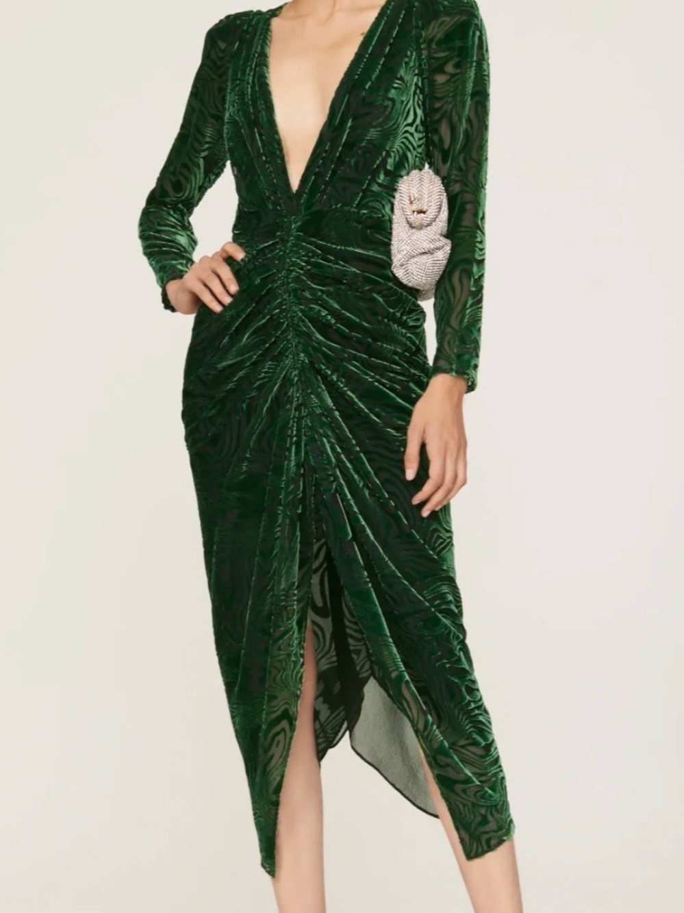 Ronny Kobo Emerald Green Velvet Plunging V-Neck Midi Dress